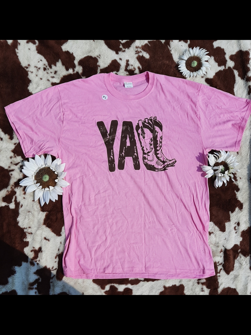 Pink 'Y'ALL' Short Sleeve Tee with Cowboy Boot Graphic